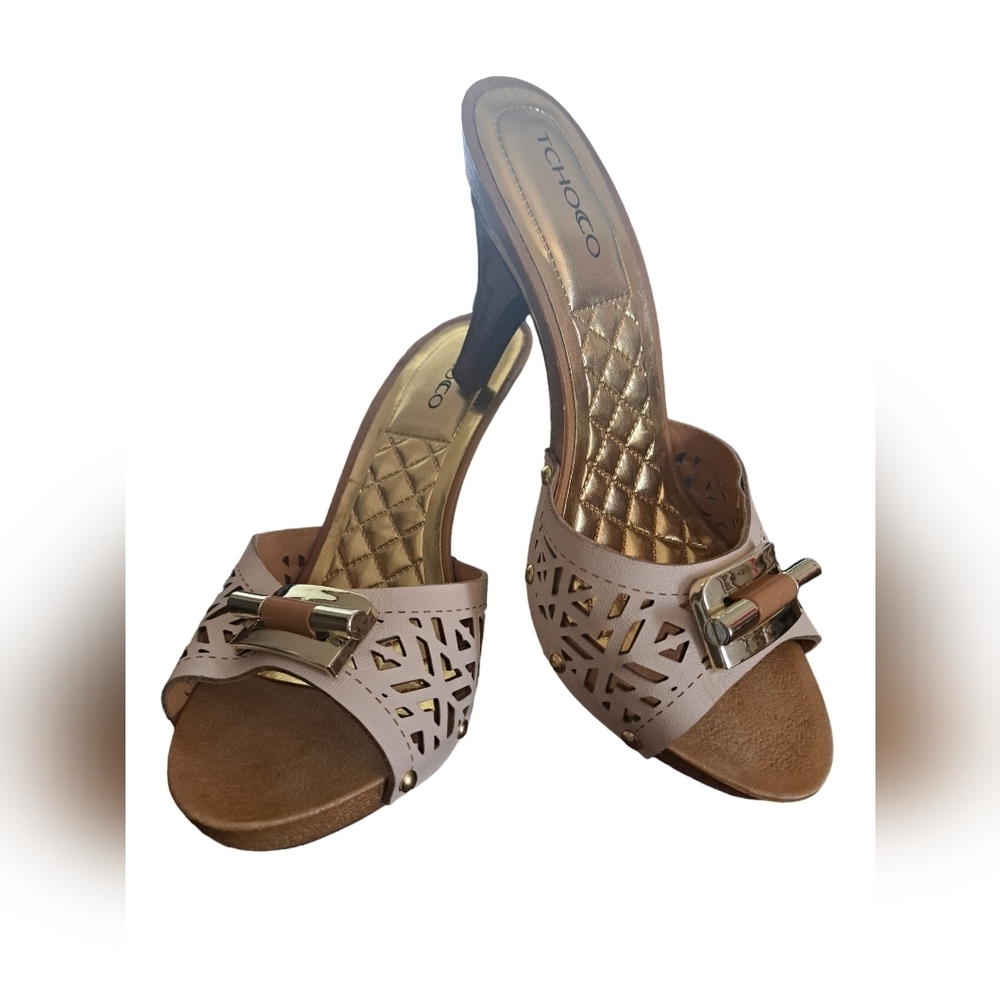 TCHOCO wood leather studded clog sandals slip on shoes cut out QUILTED insole 35